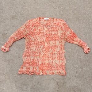 CAbi Coral and Cream Sheer Geo-Print Button Blouse